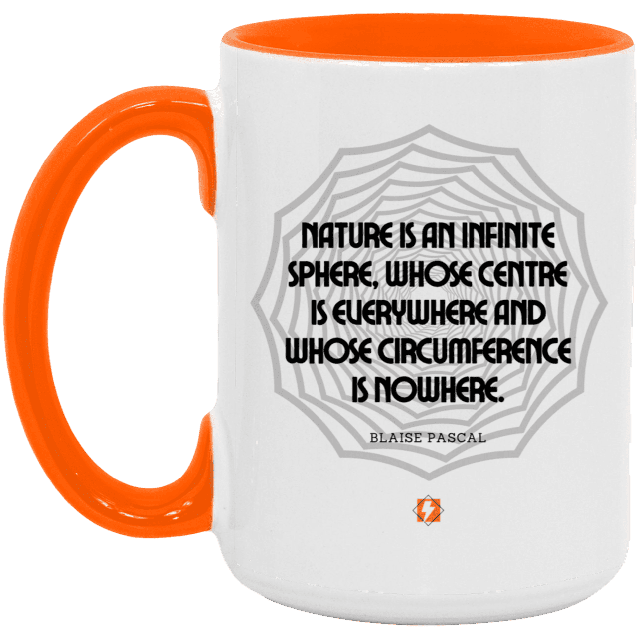 Ceramic Large Mug 15oz with inspiring Pascal quote: BP108 - Nature is unfathomable - Color: White/Orange