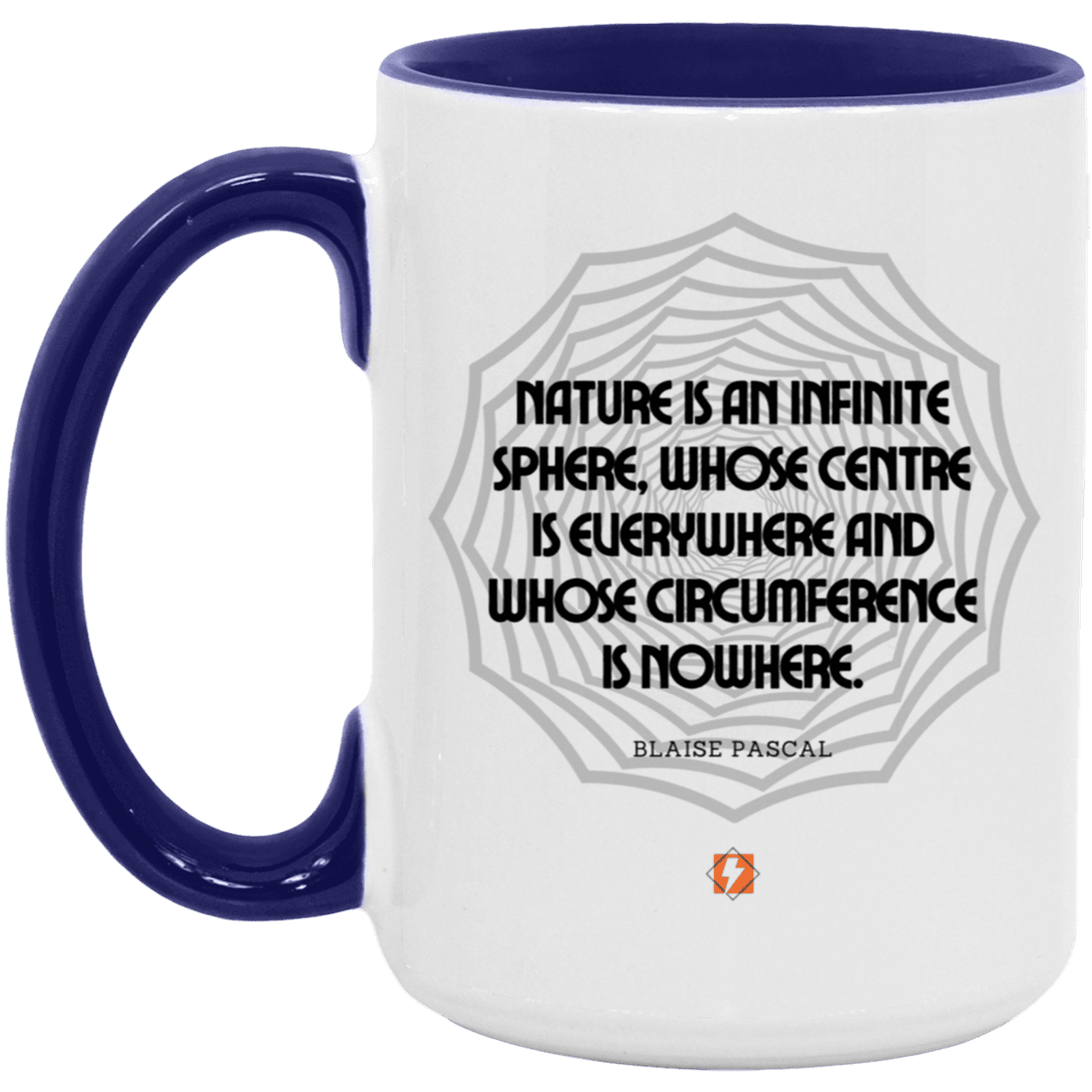 Ceramic Large Mug 15oz with inspiring Pascal quote: BP108 - Nature is unfathomable - Color: White/Midnight Blue