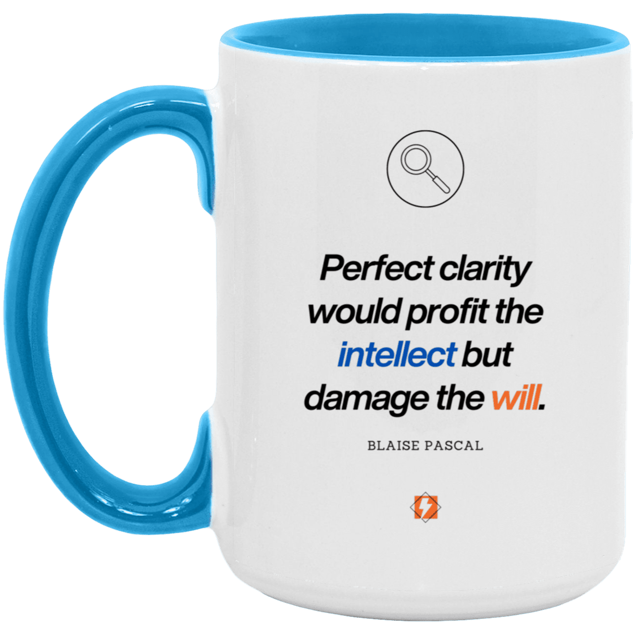 Ceramic Large Mug 15oz with inspiring Pascal quote: BP109 - Clarity sometimes leads to inaction - Color: White/Light Blue