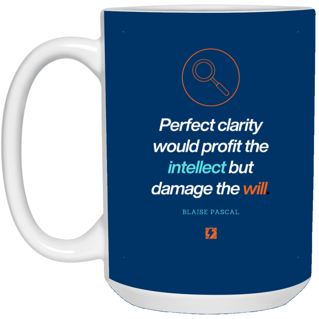 Ceramic Large Mug 15oz with inspiring Pascal quote: BP109 - Clarity sometimes leads to inaction - Color: Royal