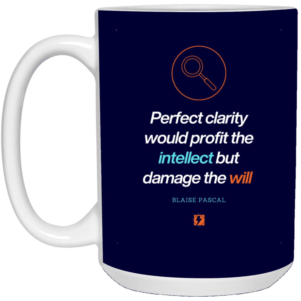 Ceramic Large Mug 15oz with inspiring Pascal quote: BP109 - Clarity sometimes leads to inaction - Color: Navy