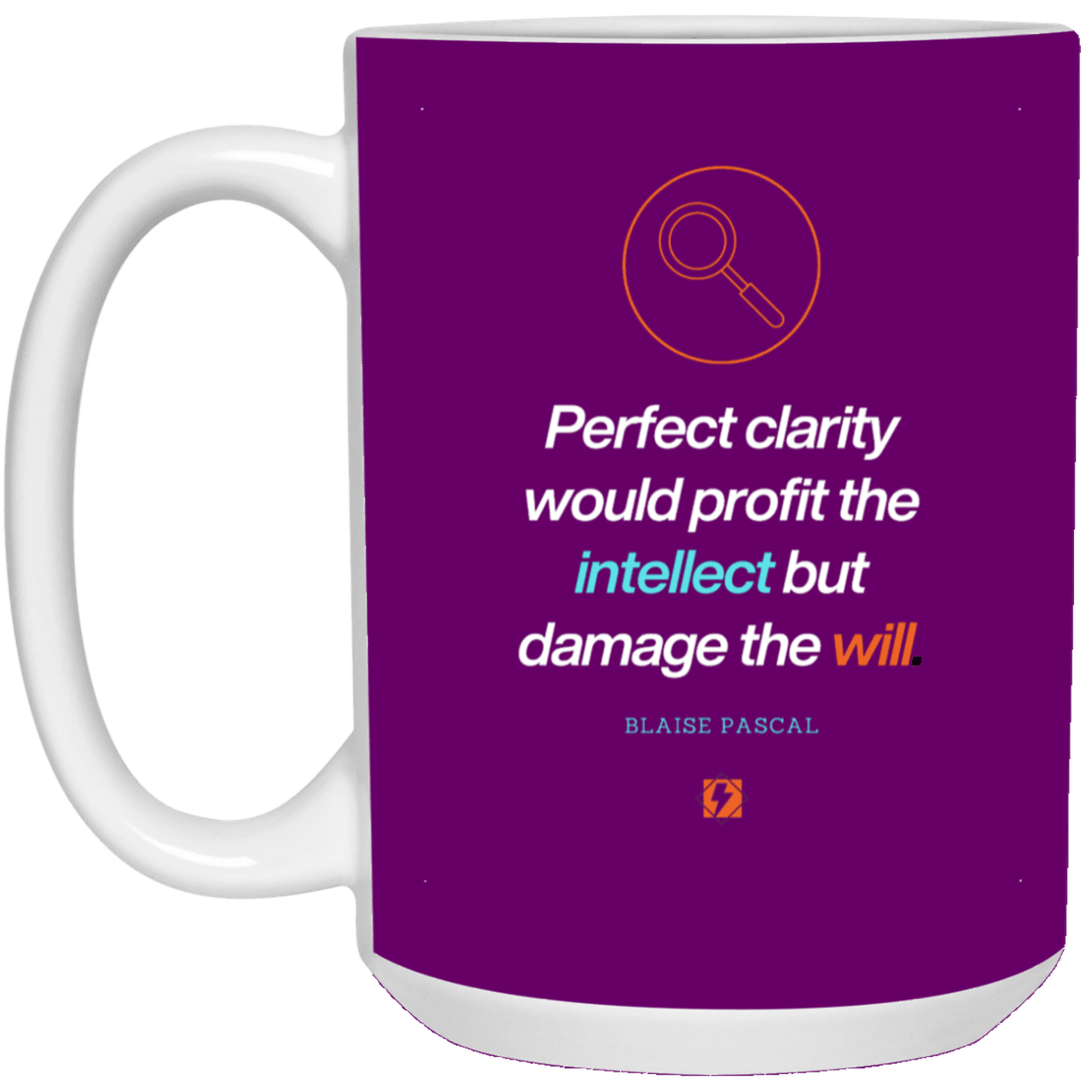 Ceramic Large Mug 15oz with inspiring Pascal quote: BP109 - Clarity sometimes leads to inaction - Color: Purple