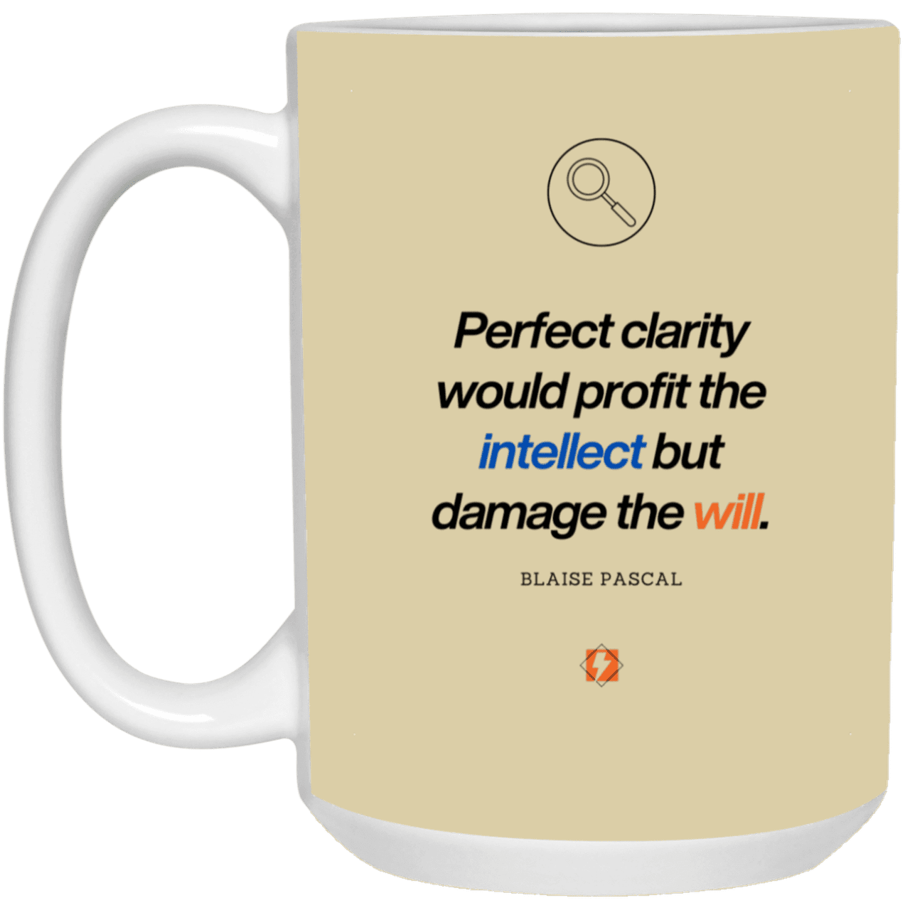 Ceramic Large Mug 15oz with inspiring Pascal quote: BP109 - Clarity sometimes leads to inaction - Color: Tan