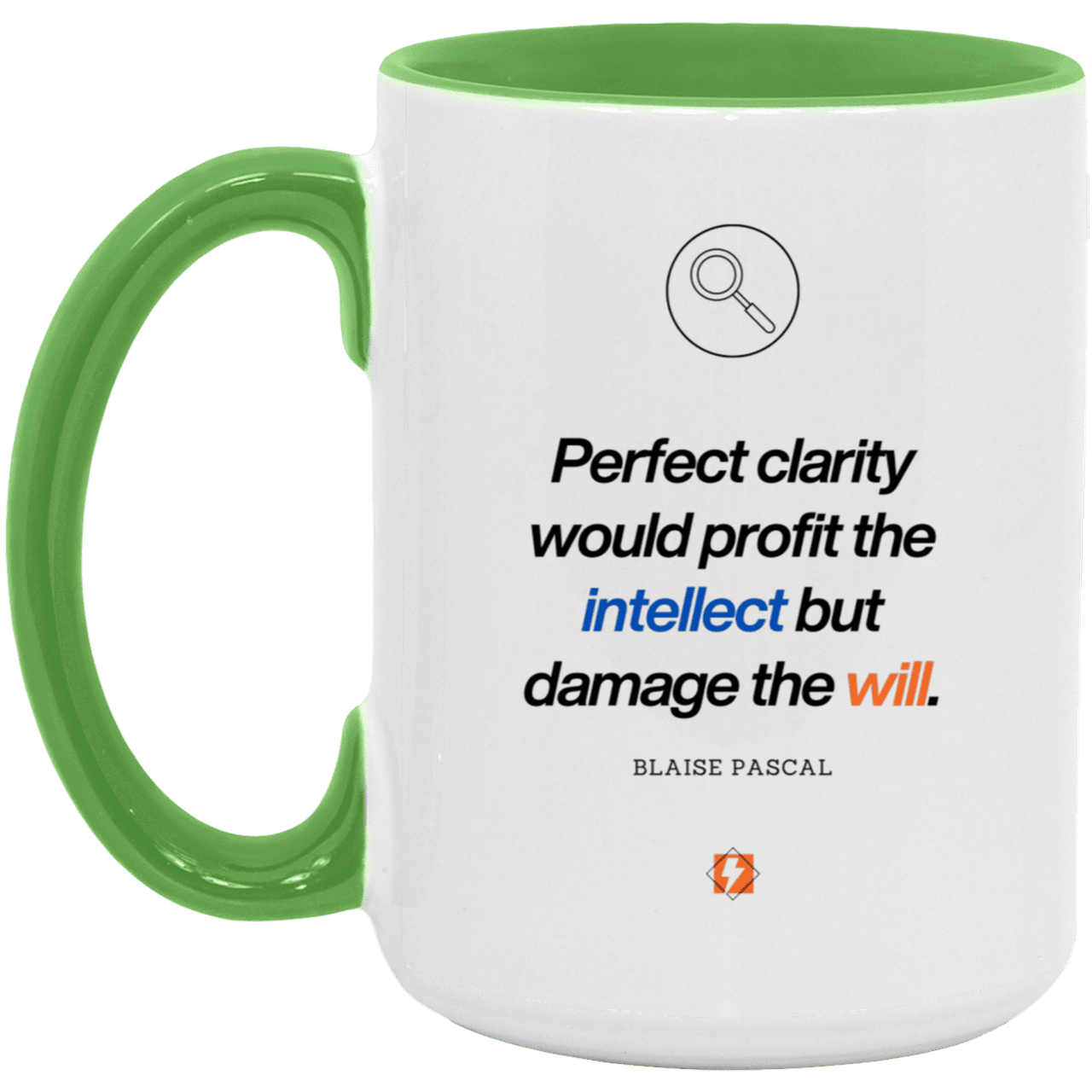 Ceramic Large Mug 15oz with inspiring Pascal quote: BP109 - Clarity sometimes leads to inaction - Color: White/Light Green