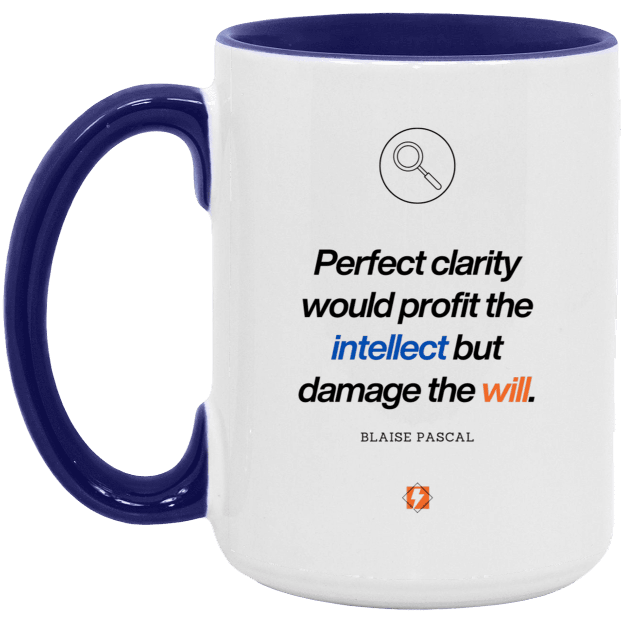 Ceramic Large Mug 15oz with inspiring Pascal quote: BP109 - Clarity sometimes leads to inaction - Color: White/Midnight Blue