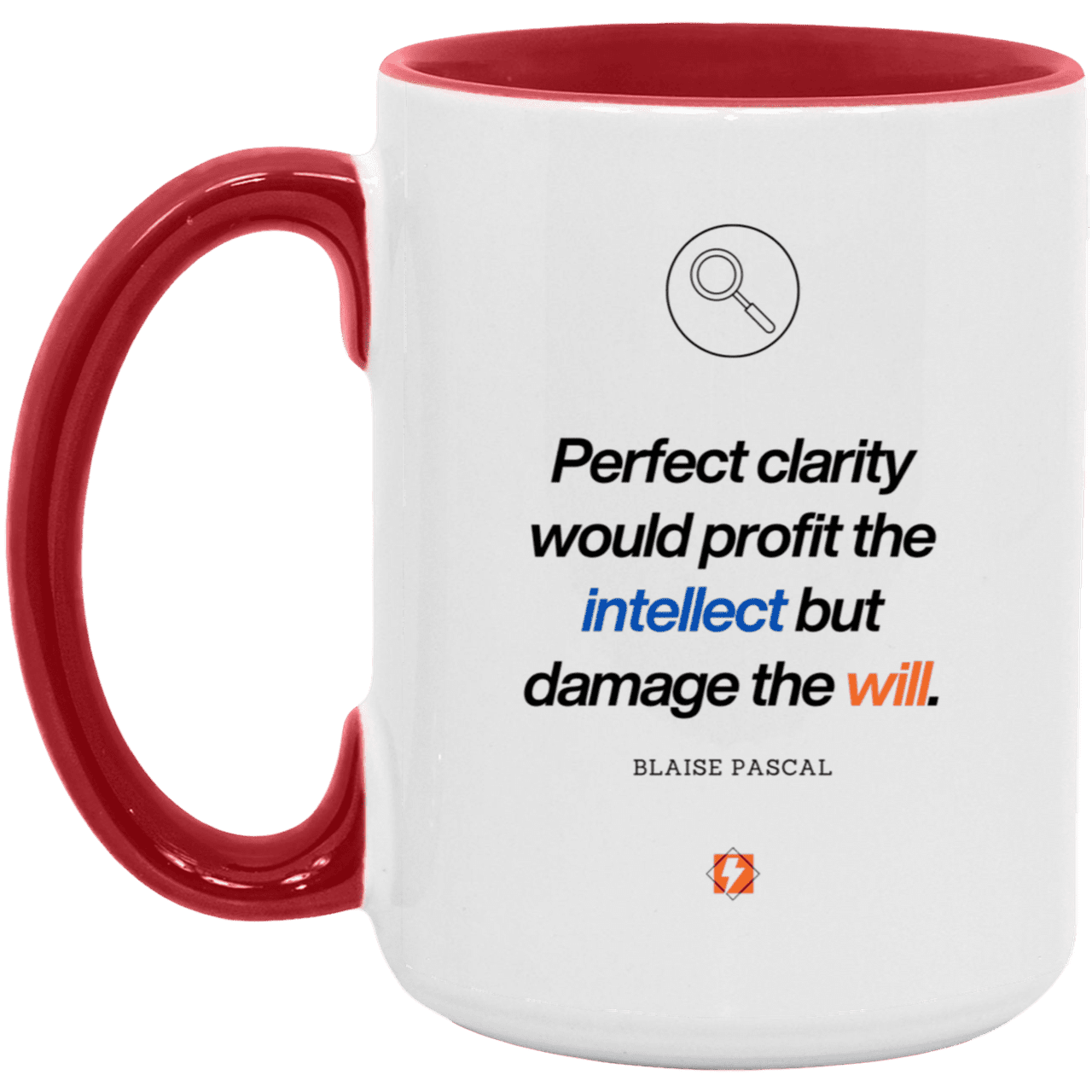 Ceramic Large Mug 15oz with inspiring Pascal quote: BP109 - Clarity sometimes leads to inaction - Color: White/Red