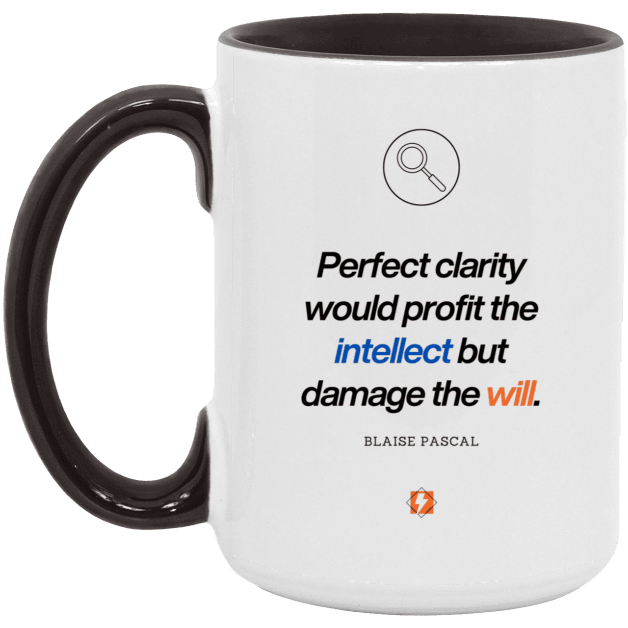 Ceramic Large Mug 15oz with inspiring Pascal quote: BP109 - Clarity sometimes leads to inaction - Color: White/Black