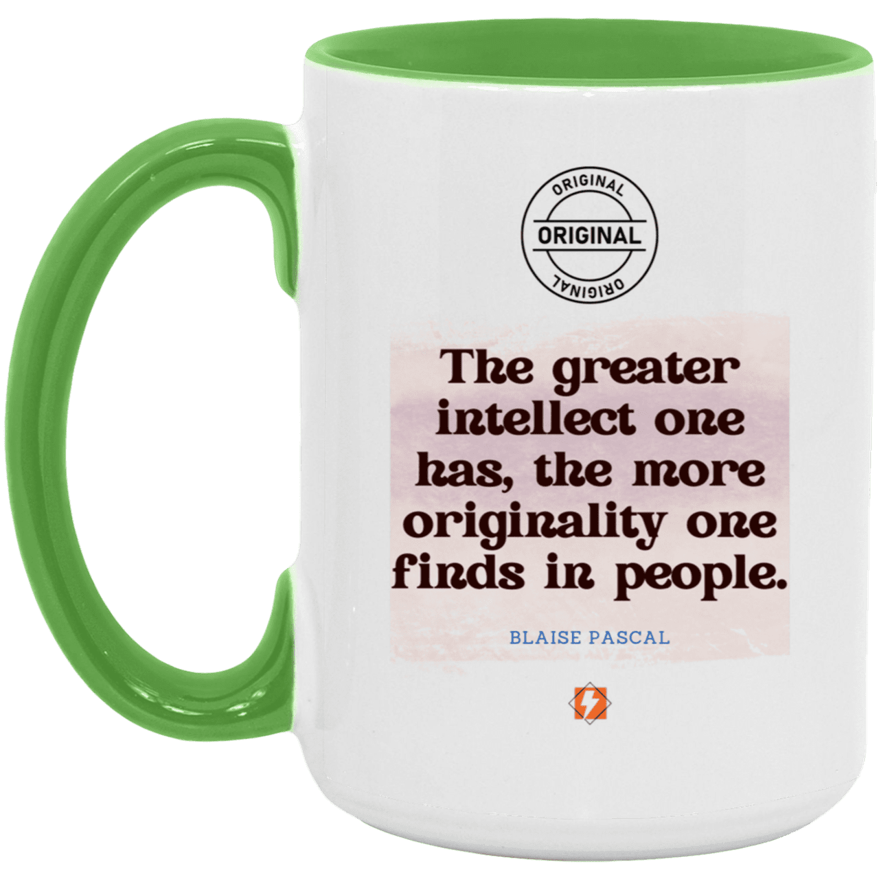 Ceramic Large Mug 15oz with inspiring Pascal quote: BP111 - Intelligence is in perceiving originality - Color: White/Light Green