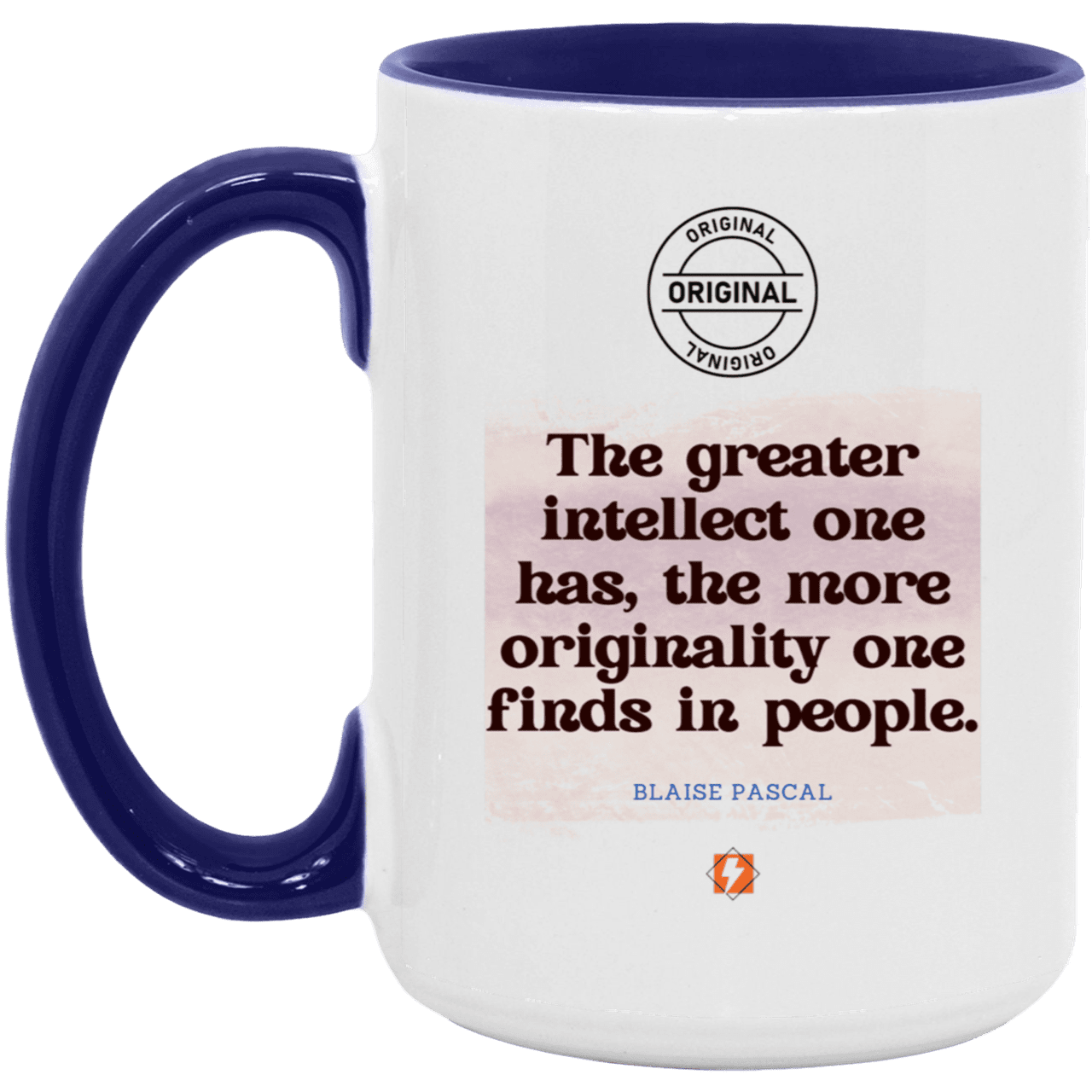 Ceramic Large Mug 15oz with inspiring Pascal quote: BP111 - Intelligence is in perceiving originality - Color: White/Midnight Blue