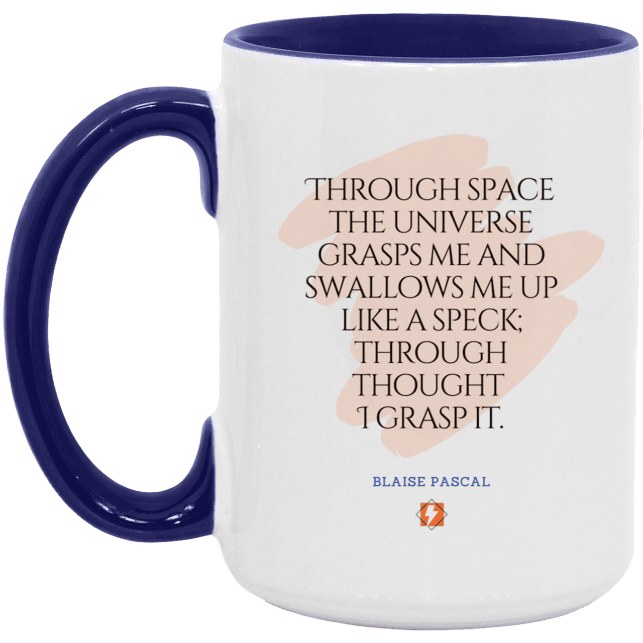 Ceramic Large Mug 15oz with inspiring Pascal quote: BP113 - Thought transcends space matter and time - Color: White/Midnight Blue