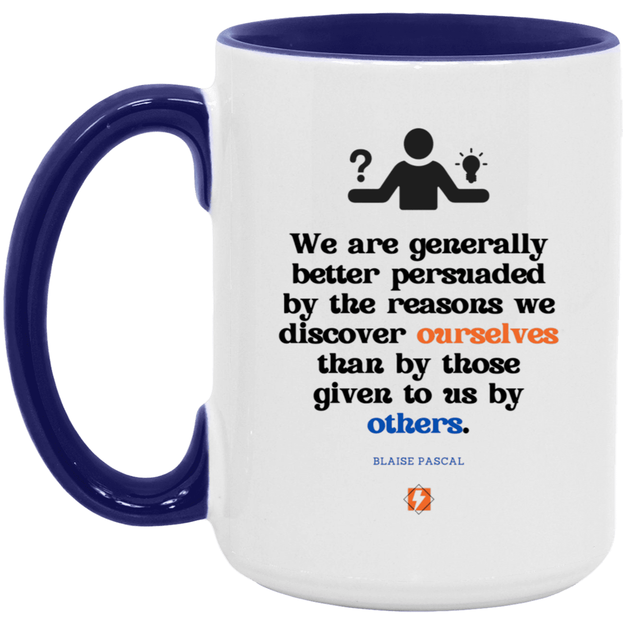 Ceramic Large Mug 15oz with inspiring Pascal quote: BP115 - The path of persuation involves self-discovery - Color: White/Midnight Blue