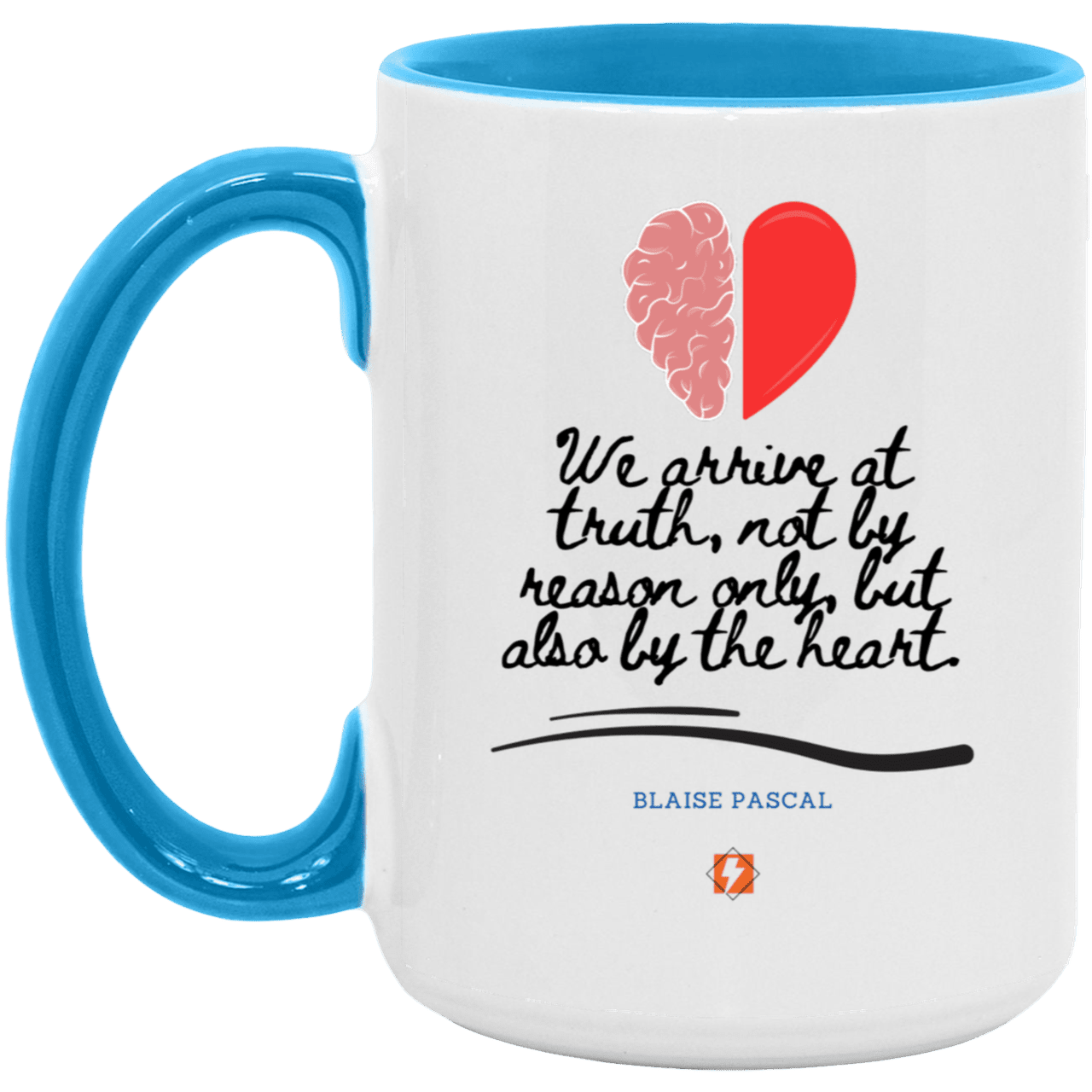 Ceramic Large Mug 15oz with inspiring Pascal quote: BP116 - Truth requires both the head and the heart - Color: White/Light Blue