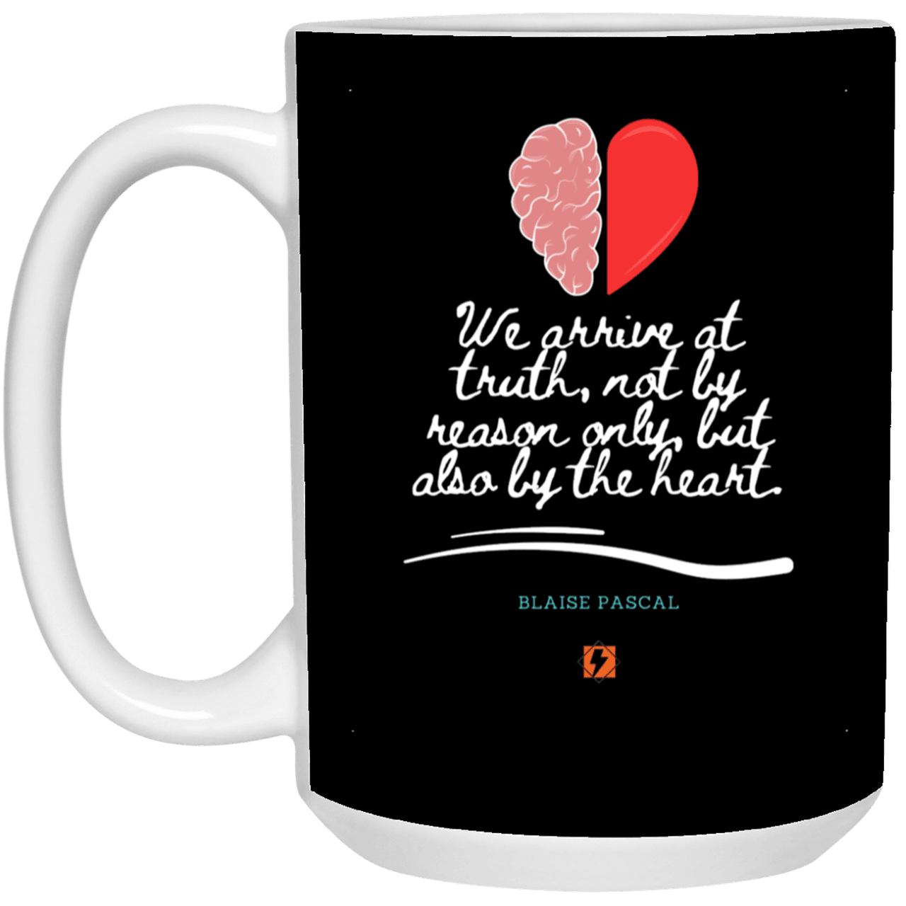 Ceramic Large Mug 15oz with inspiring Pascal quote: BP116 - Truth requires both the head and the heart - Color: Black White