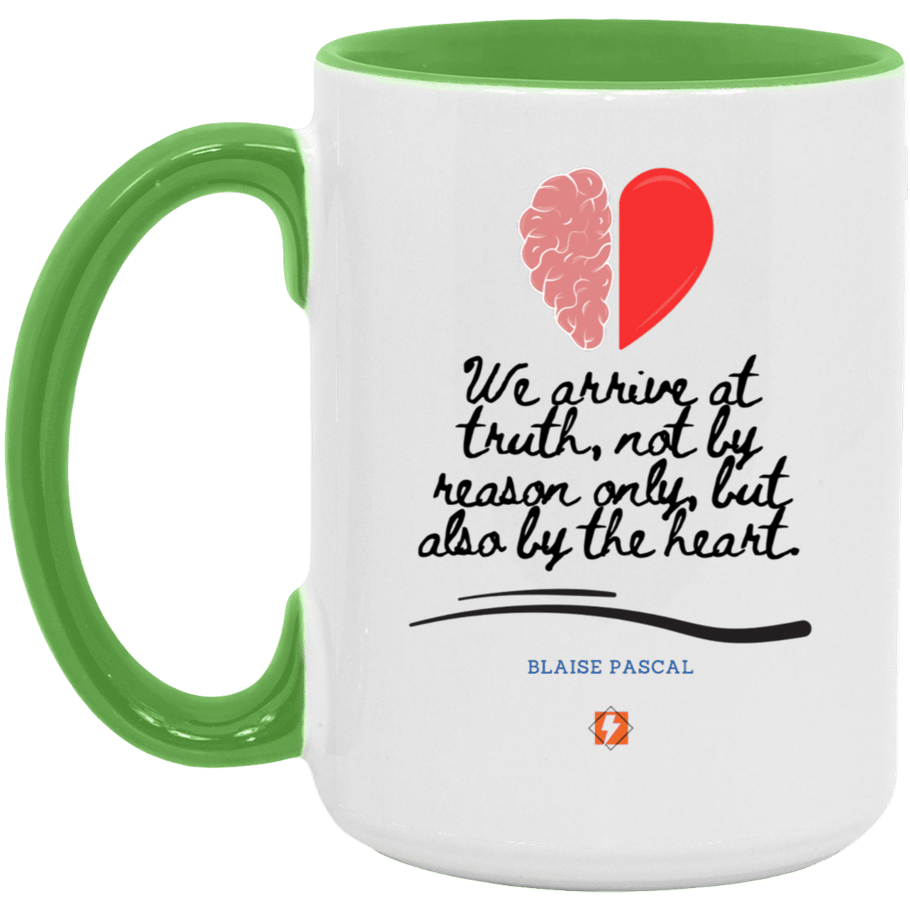 Ceramic Large Mug 15oz with inspiring Pascal quote: BP116 - Truth requires both the head and the heart - Color: White/Light Green