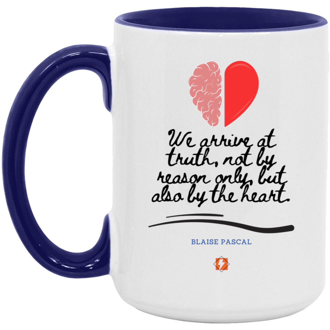 Ceramic Large Mug 15oz with inspiring Pascal quote: BP116 - Truth requires both the head and the heart - Color: White/Midnight Blue