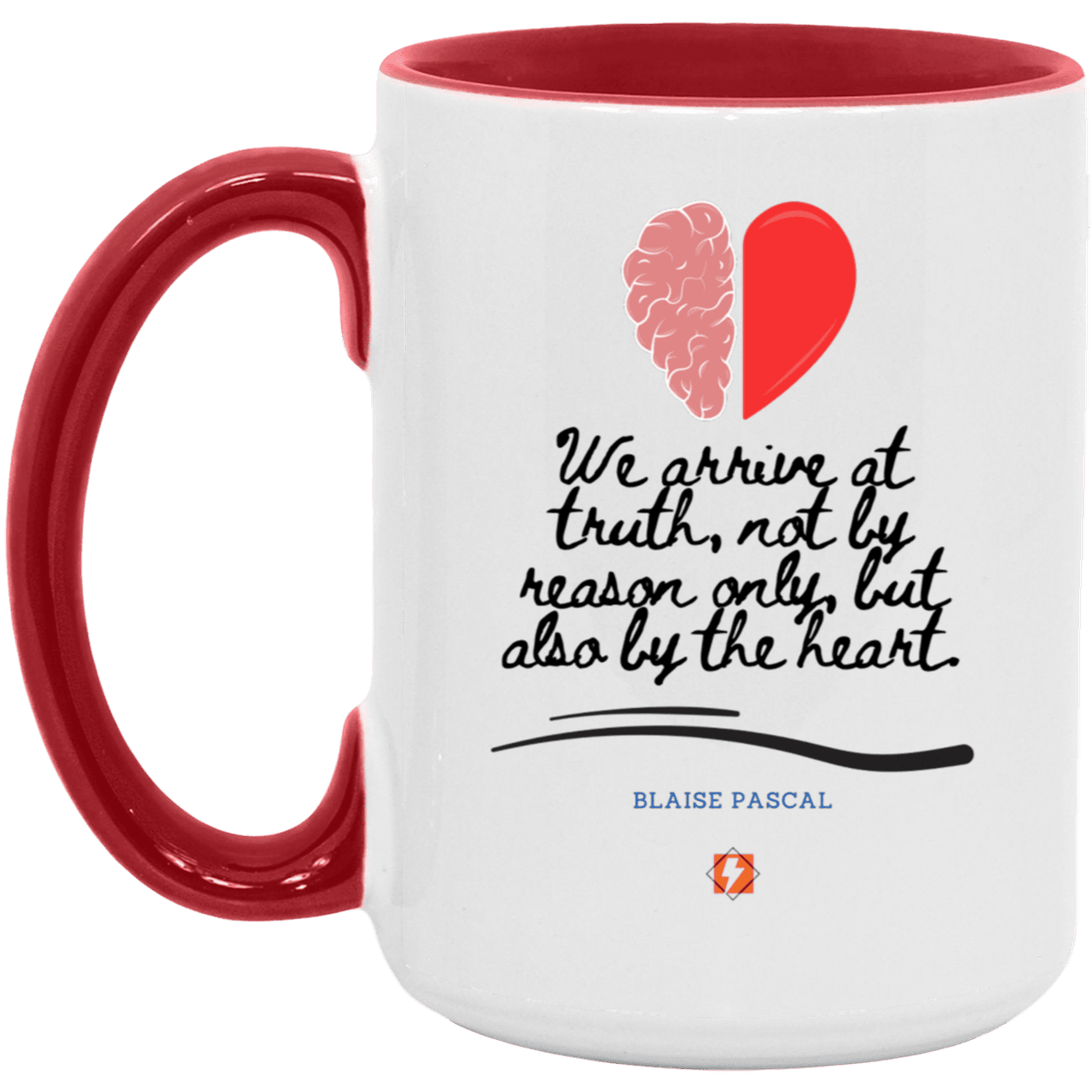 Ceramic Large Mug 15oz with inspiring Pascal quote: BP116 - Truth requires both the head and the heart - Color: White/Red