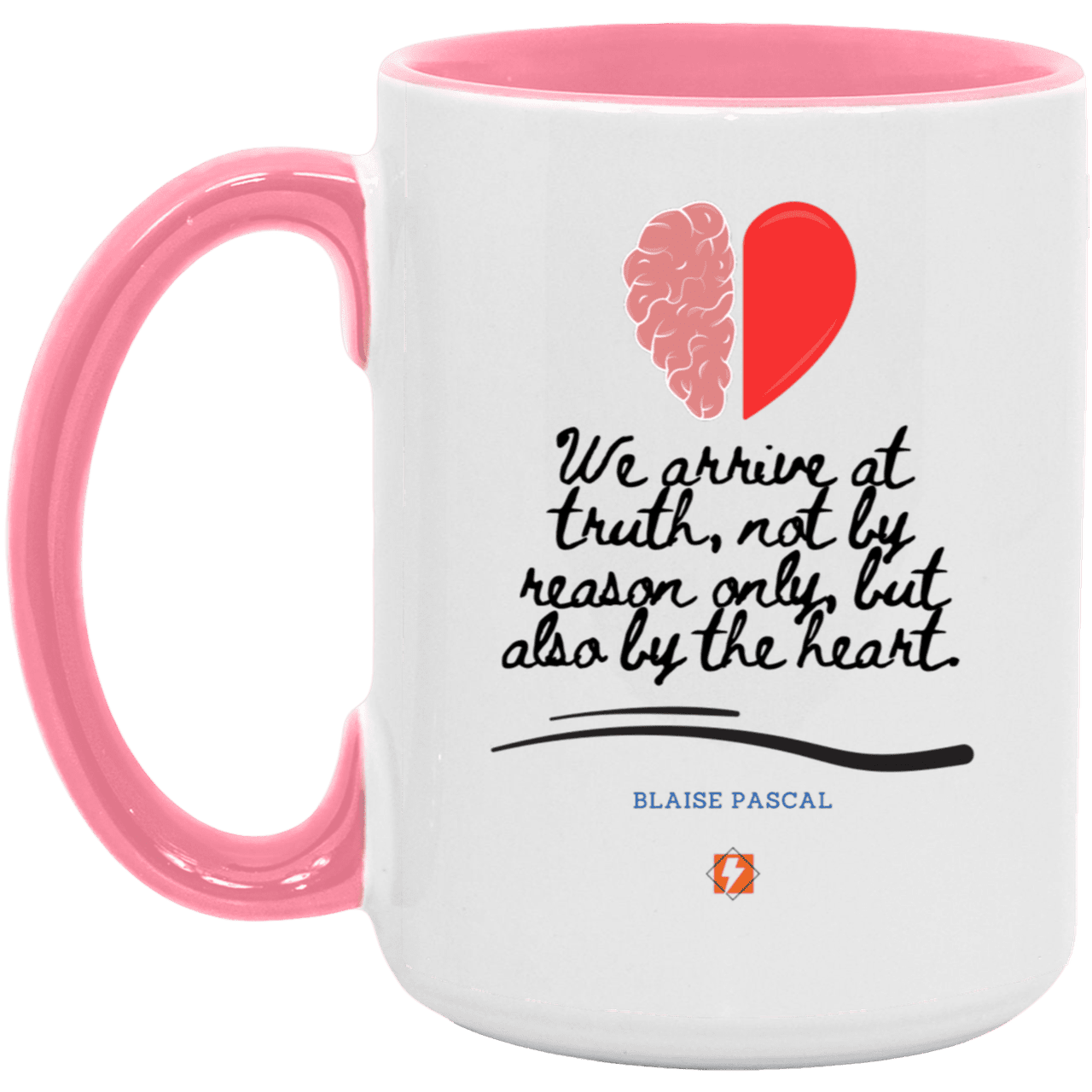 Ceramic Large Mug 15oz with inspiring Pascal quote: BP116 - Truth requires both the head and the heart - Color: White/Pink