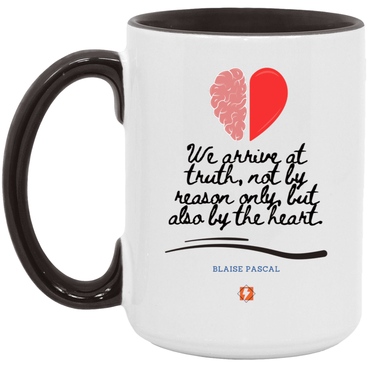 Ceramic Large Mug 15oz with inspiring Pascal quote: BP116 - Truth requires both the head and the heart - Color: White/Black