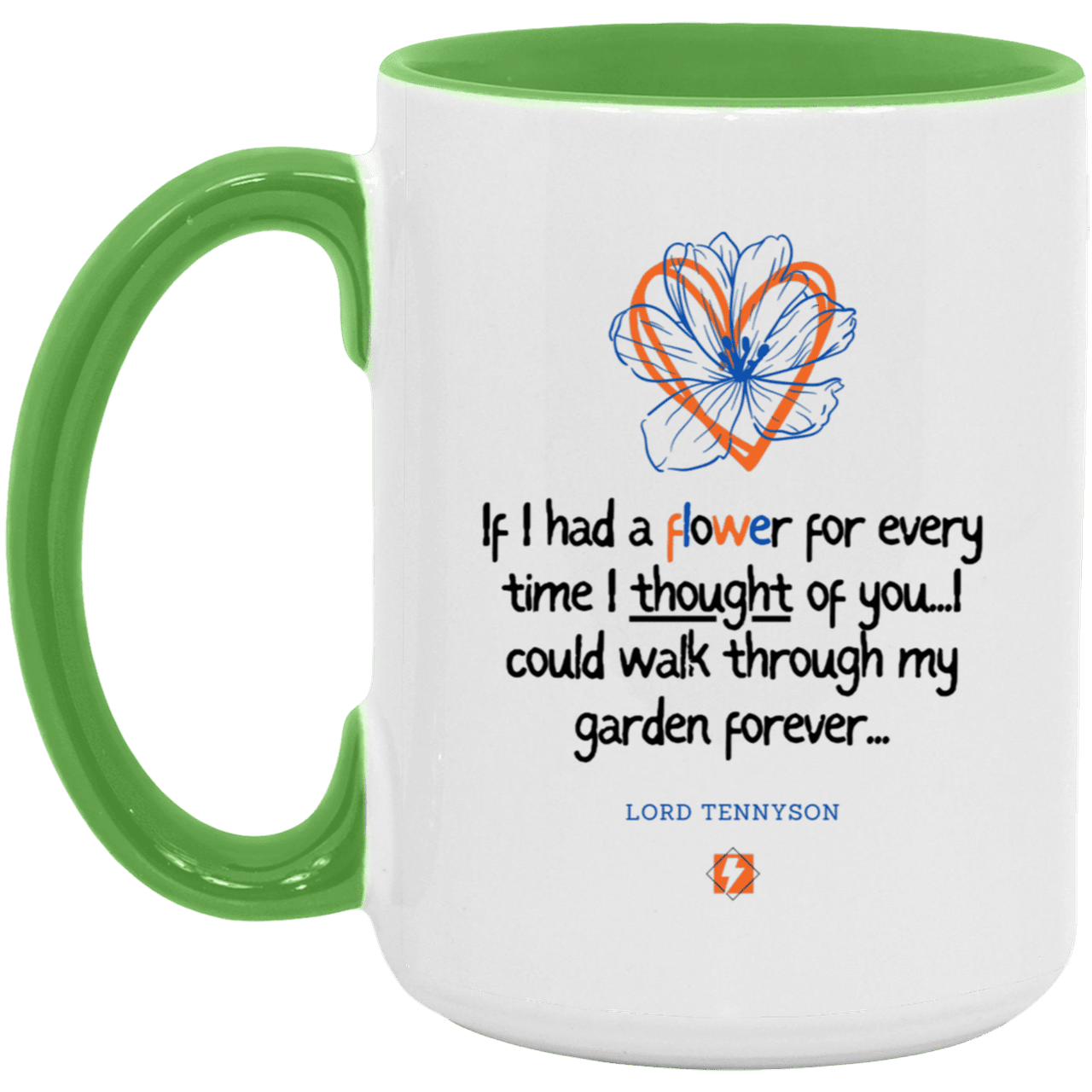 Ceramic Large Mug 15oz with inspiring Tennyson quote: LT104 - Thinking of you - Color: White/Light Green