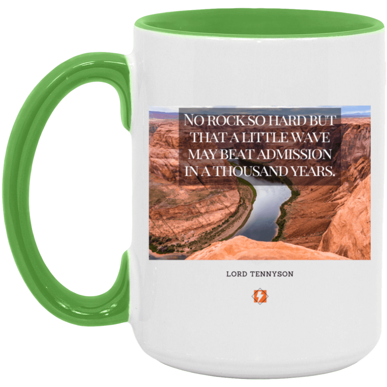 Ceramic Large Mug 15oz with inspiring Tennyson quote: LT112 - In time, water beats rocks into submission - Color: Purple White/Light Green