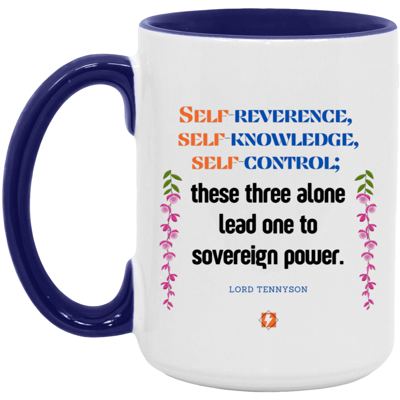 Ceramic Large Mug 15oz with inspiring Tennyson quote: LT113 - Self knowledge leads to power - Color: White/Midnight Blue