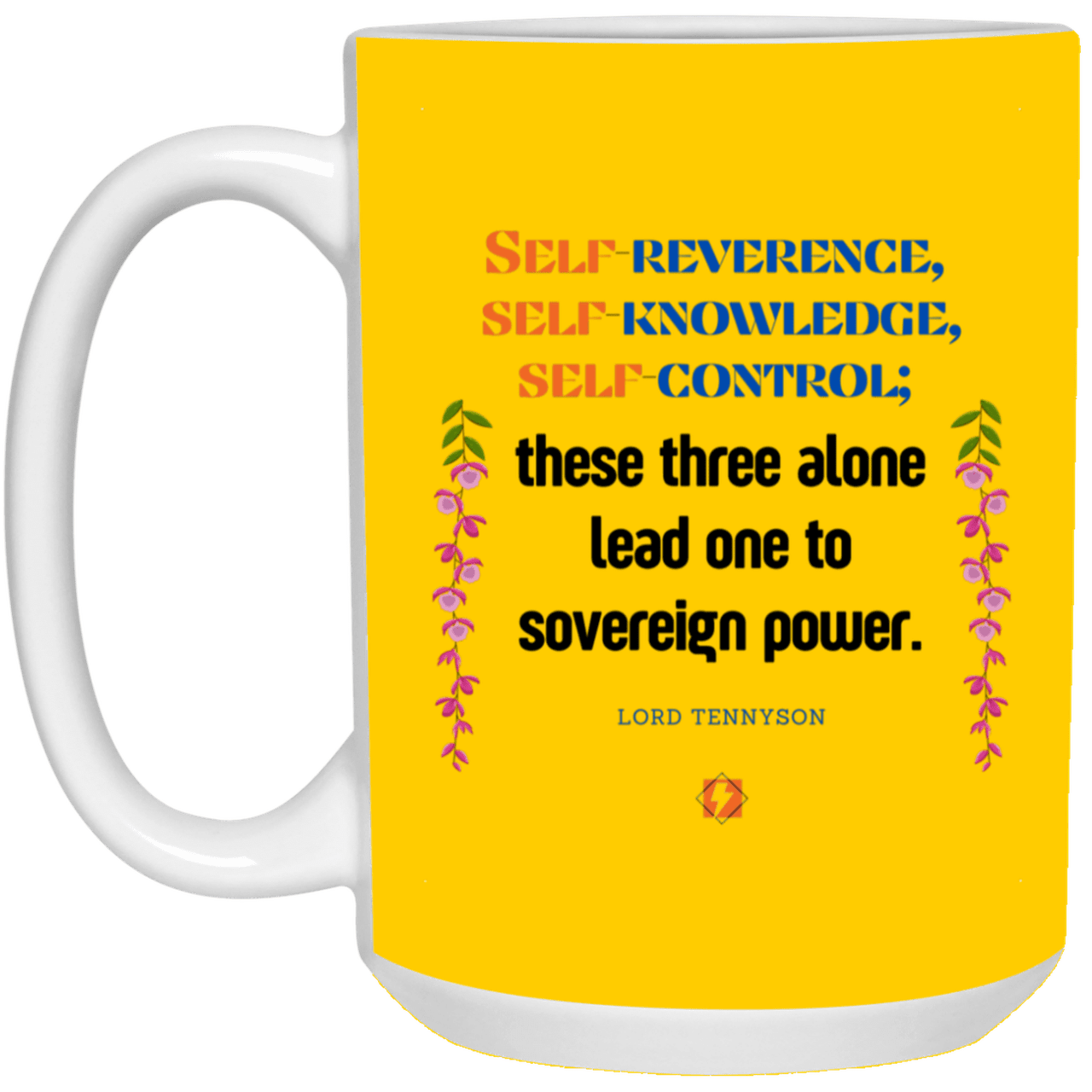 Ceramic Large Mug 15oz with inspiring Tennyson quote: LT113 - Self knowledge leads to power - Color: Brown Athletic Gold