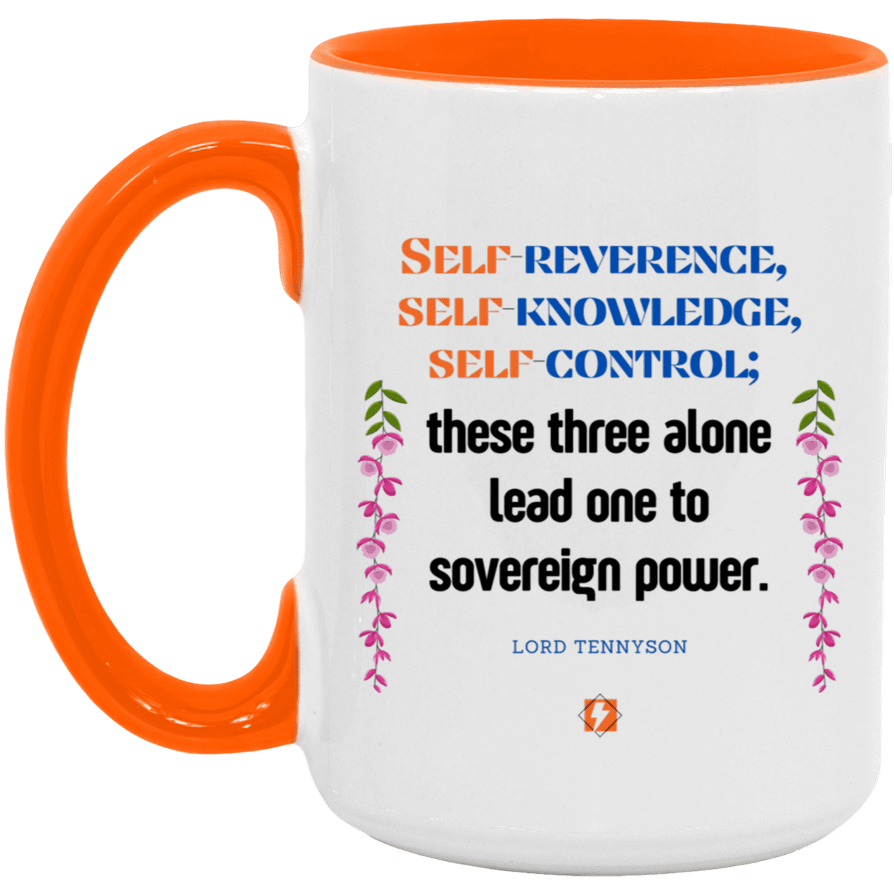 Ceramic Large Mug 15oz with inspiring Tennyson quote: LT113 - Self knowledge leads to power - Color: White/Orange Royal