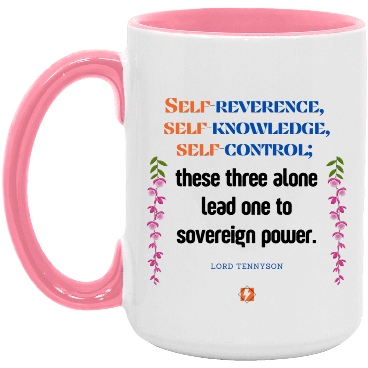 Ceramic Large Mug 15oz with inspiring Tennyson quote: LT113 - Self knowledge leads to power - Color: Purple White/Pink