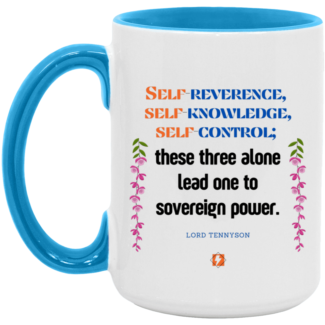 Ceramic Large Mug 15oz with inspiring Tennyson quote: LT113 - Self knowledge leads to power - Color: Navy White/Light Blue