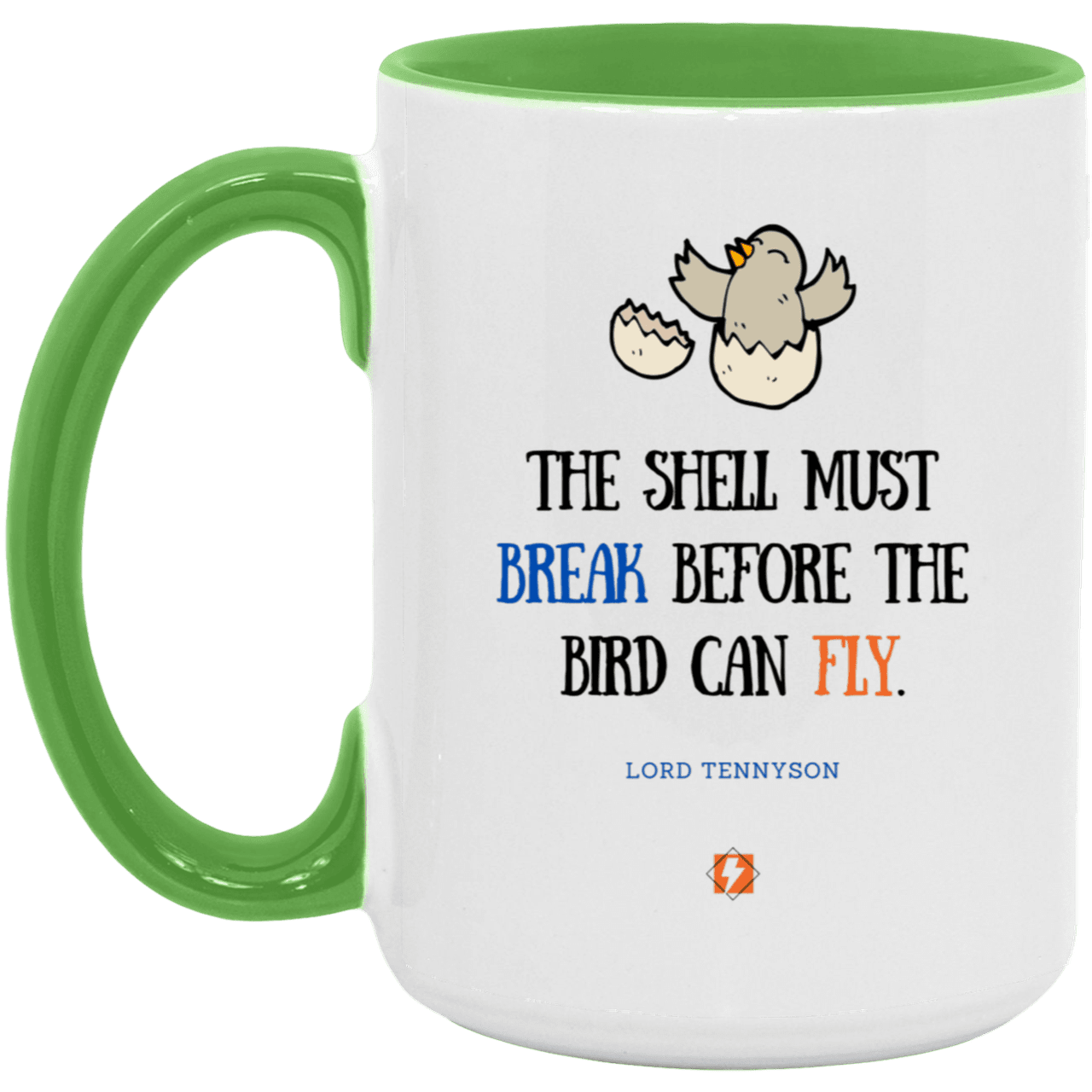 Ceramic Large Mug 15oz with inspiring Tennyson quote: LT116 - For birds to fly, their eggshells must break first - Color: Navy White/Light Green