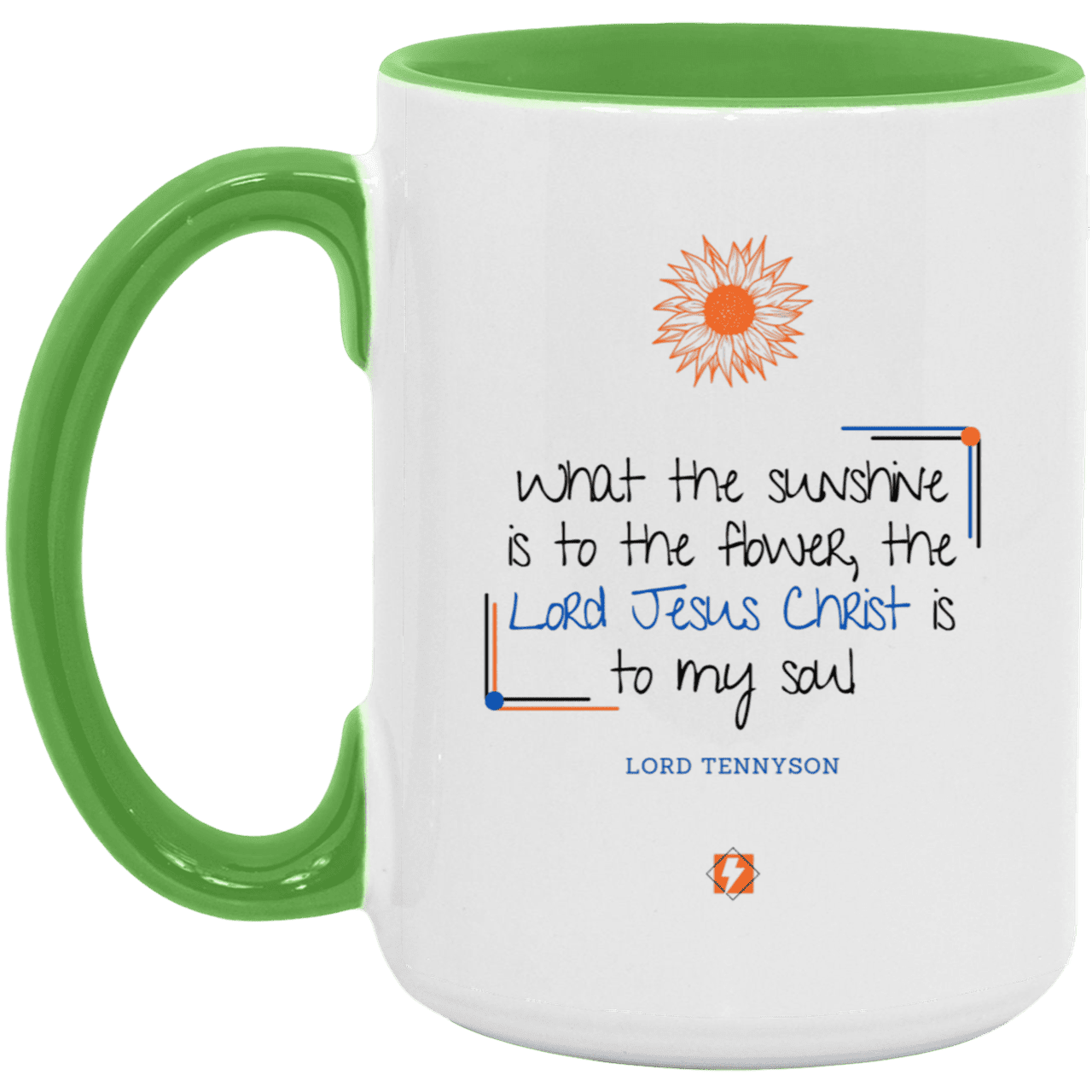 Ceramic Large Mug 15oz with inspiring Tennyson quote: LT119 - A personal profession of faith by Lord Tennyson - Color: White/Light Green