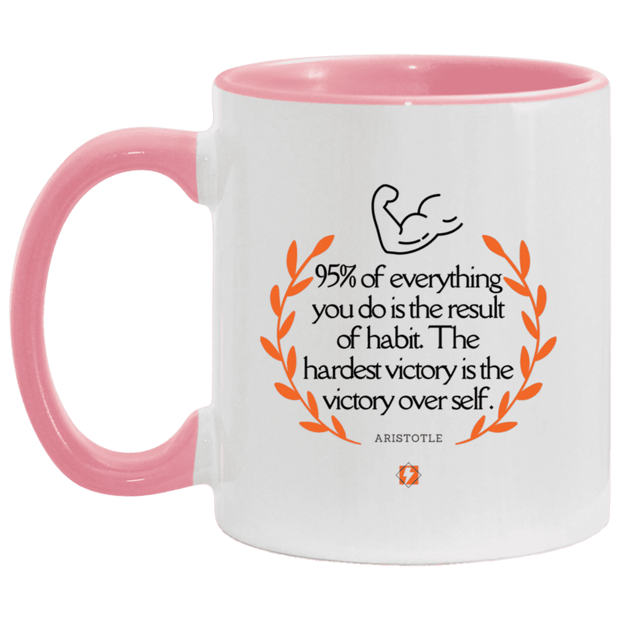 Ceramic Standard Mug 11oz with inspiring Aristotle quote: A101 - Habits lead to victory - Color: White/Pink