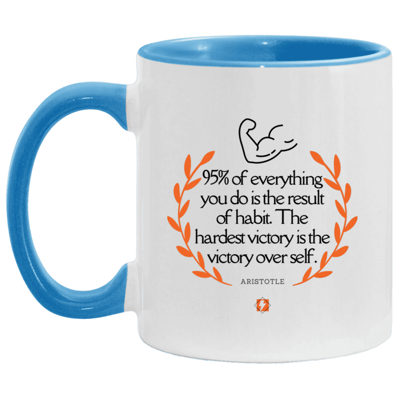 Ceramic Standard Mug 11oz with inspiring Aristotle quote: A101 - Habits lead to victory - Color: White/Light Blue