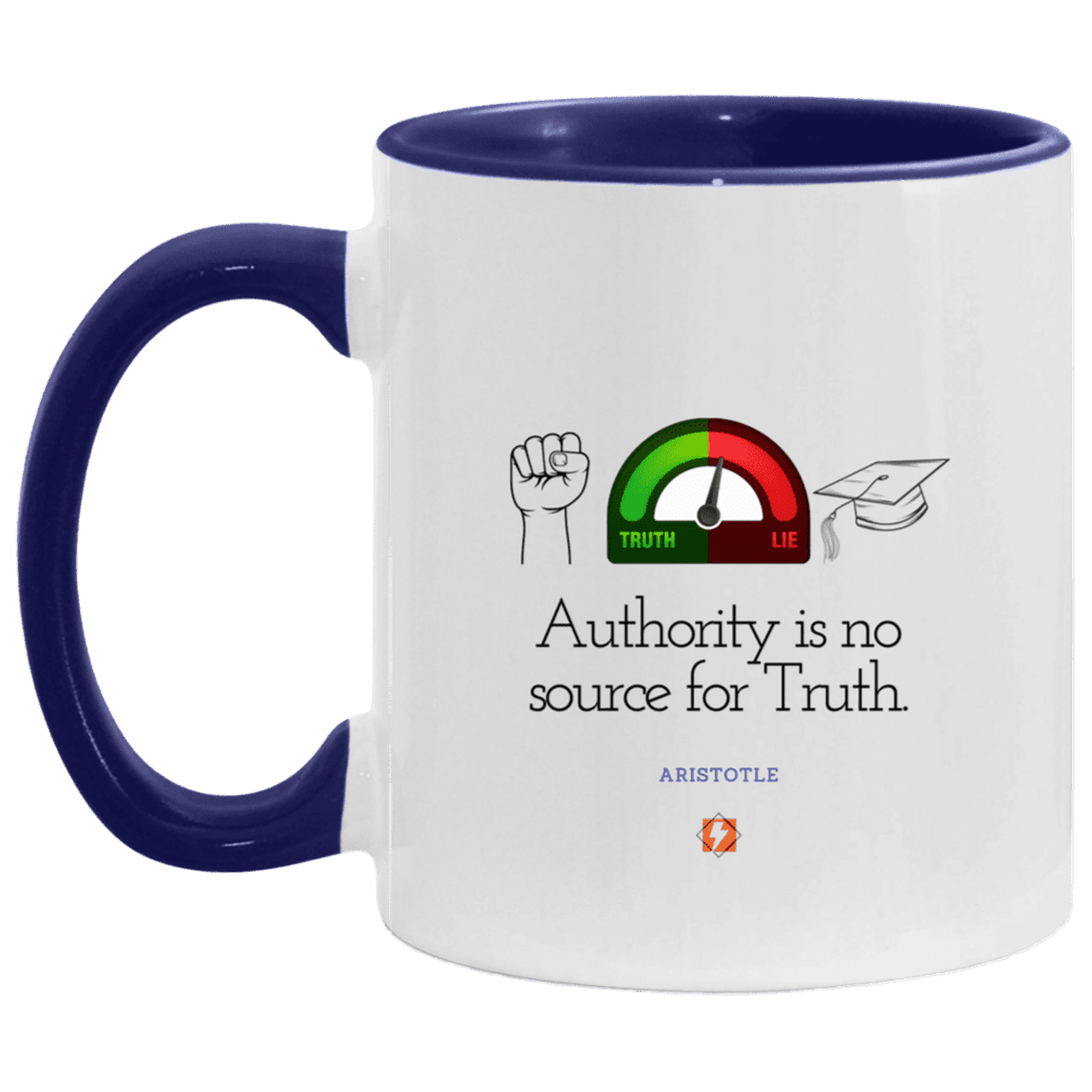 Ceramic Standard Mug 11oz with inspiring Aristotle quote: A105 - Authority has no bearing on truth - Color: White/Midnight Blue