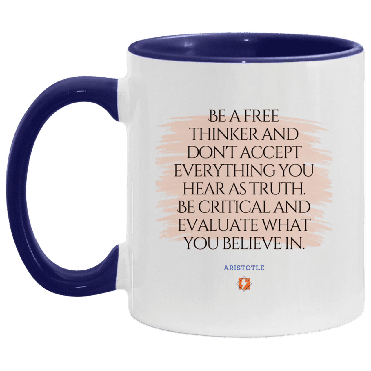 Ceramic Standard Mug 11oz with inspiring Aristotle quote: A106 - Become a critical thinker - Color: White/Midnight Blue