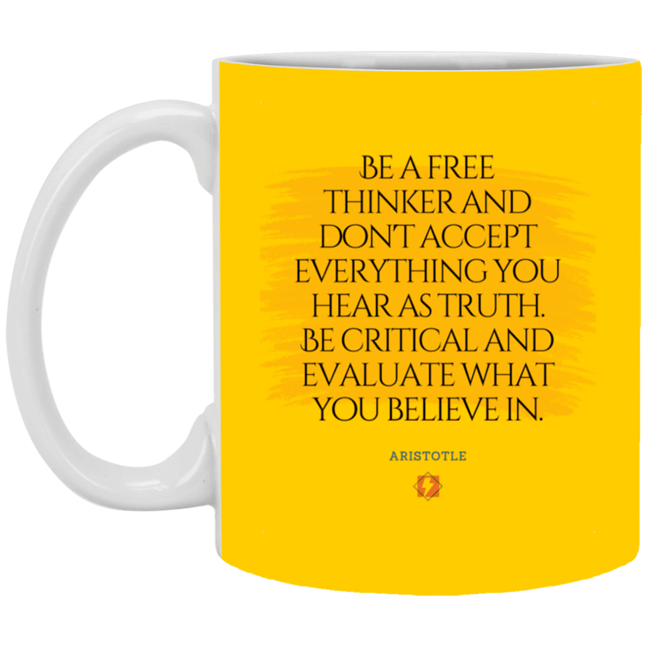 Ceramic Standard Mug 11oz with inspiring Aristotle quote: A106 - Become a critical thinker - Color: Athletic Gold