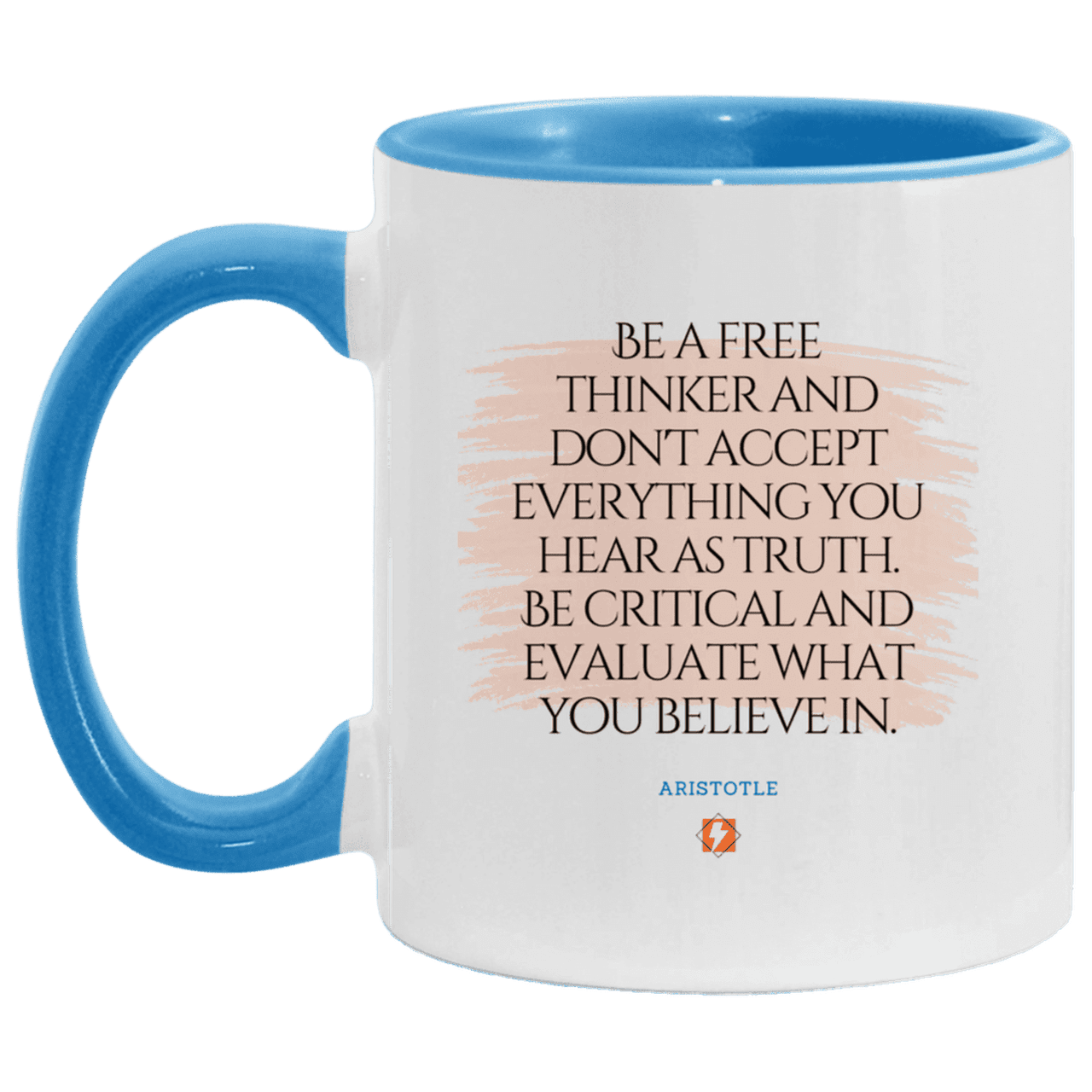 Ceramic Standard Mug 11oz with inspiring Aristotle quote: A106 - Become a critical thinker - Color: White/Light Blue