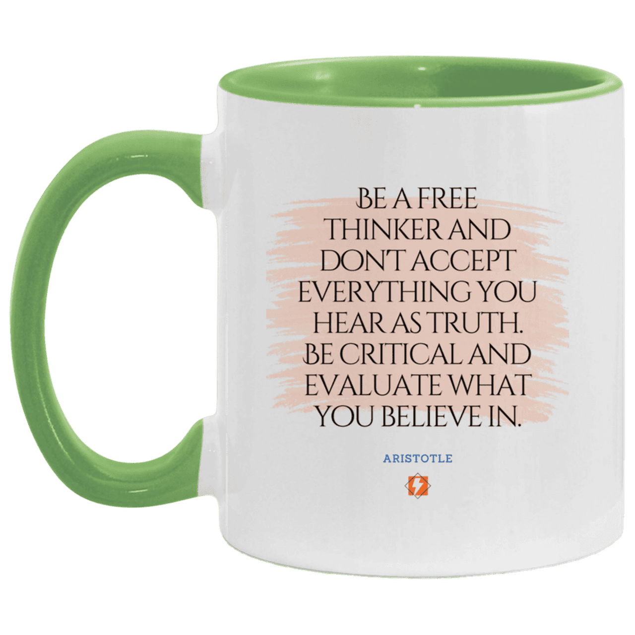 Ceramic Standard Mug 11oz with inspiring Aristotle quote: A106 - Become a critical thinker - Color: White/Light Green