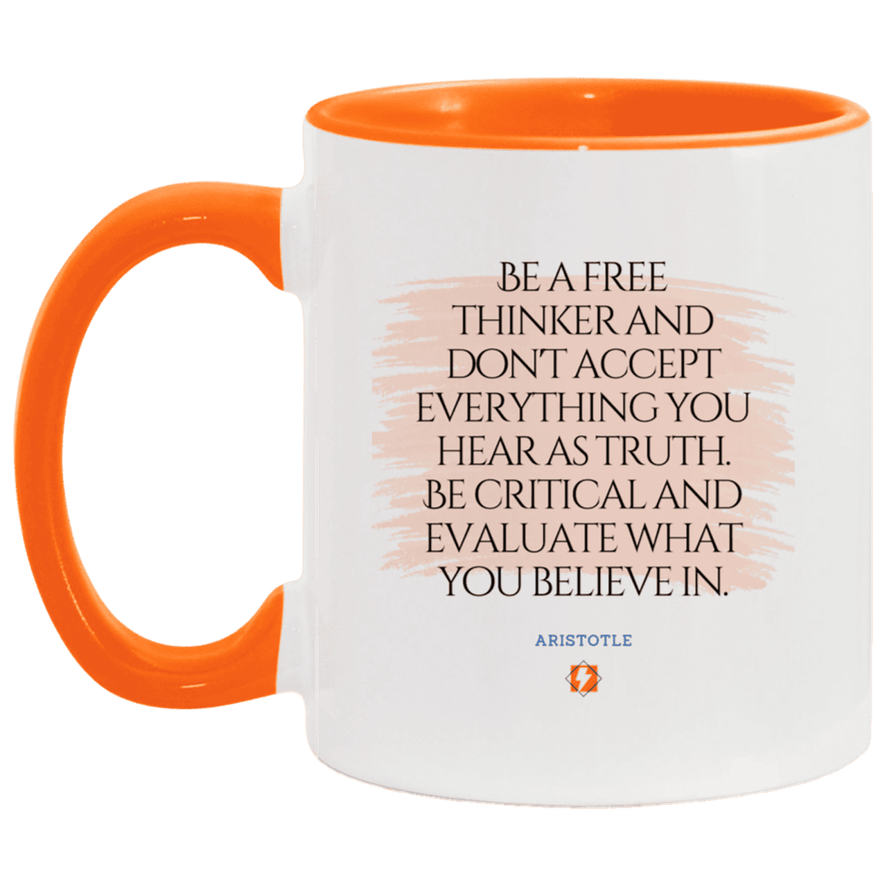 Ceramic Standard Mug 11oz with inspiring Aristotle quote: A106 - Become a critical thinker - Color: White/Orange