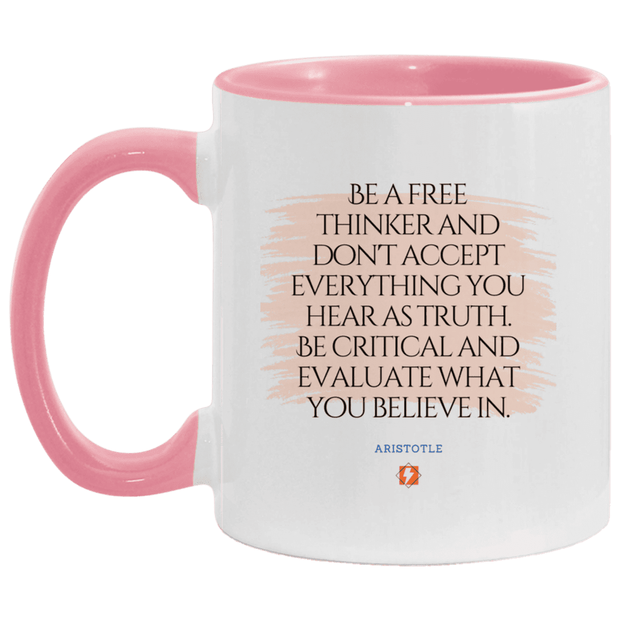 Ceramic Standard Mug 11oz with inspiring Aristotle quote: A106 - Become a critical thinker - Color: White/Pink