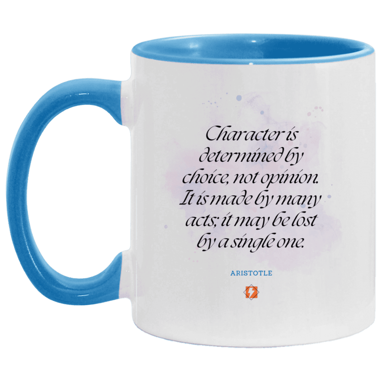 Ceramic Standard Mug 11oz with inspiring Aristotle quote: A107 - Character is the sum-total of your choices - Color: White/Light Blue