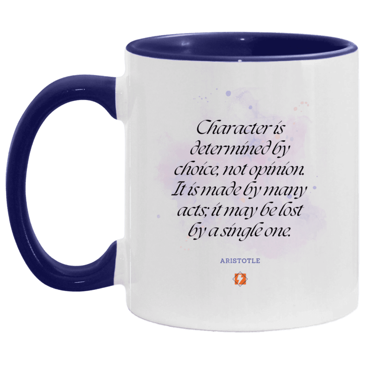 Ceramic Standard Mug 11oz with inspiring Aristotle quote: A107 - Character is the sum-total of your choices - Color: White/Midnight Blue