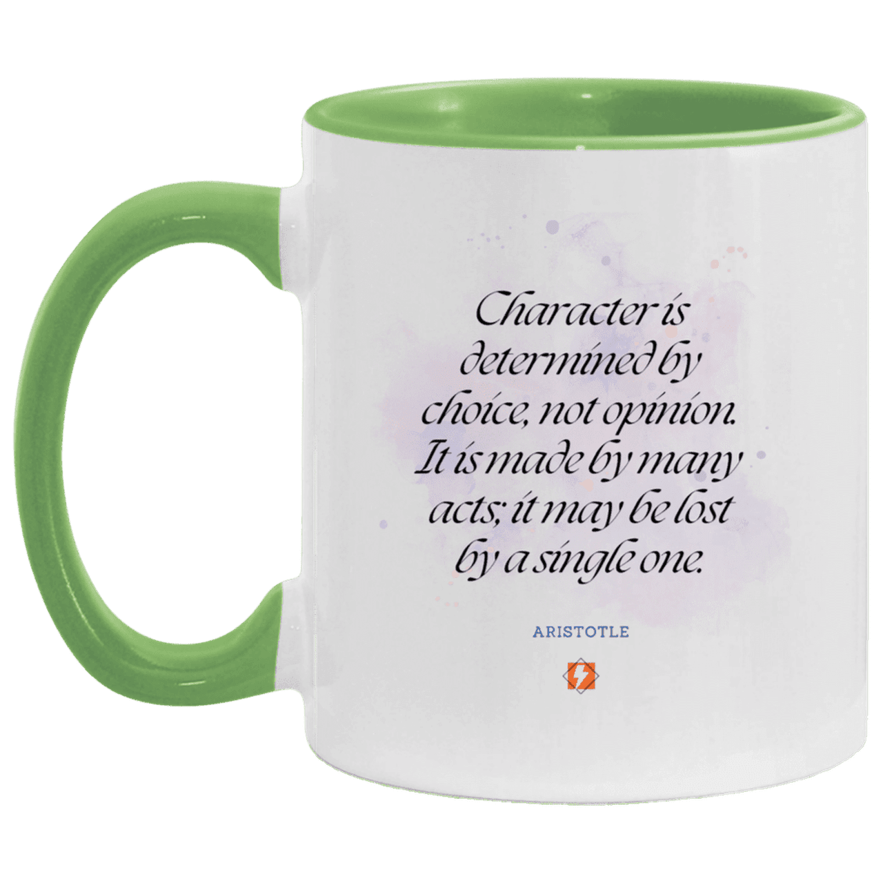 Ceramic Standard Mug 11oz with inspiring Aristotle quote: A107 - Character is the sum-total of your choices - Color: White/Light Green