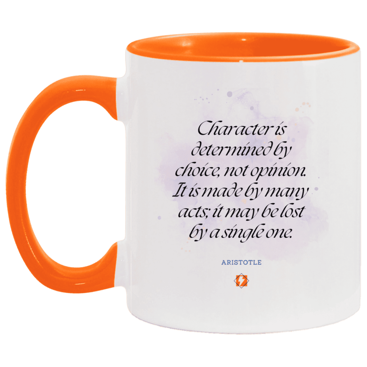 Ceramic Standard Mug 11oz with inspiring Aristotle quote: A107 - Character is the sum-total of your choices - Color: White/Orange