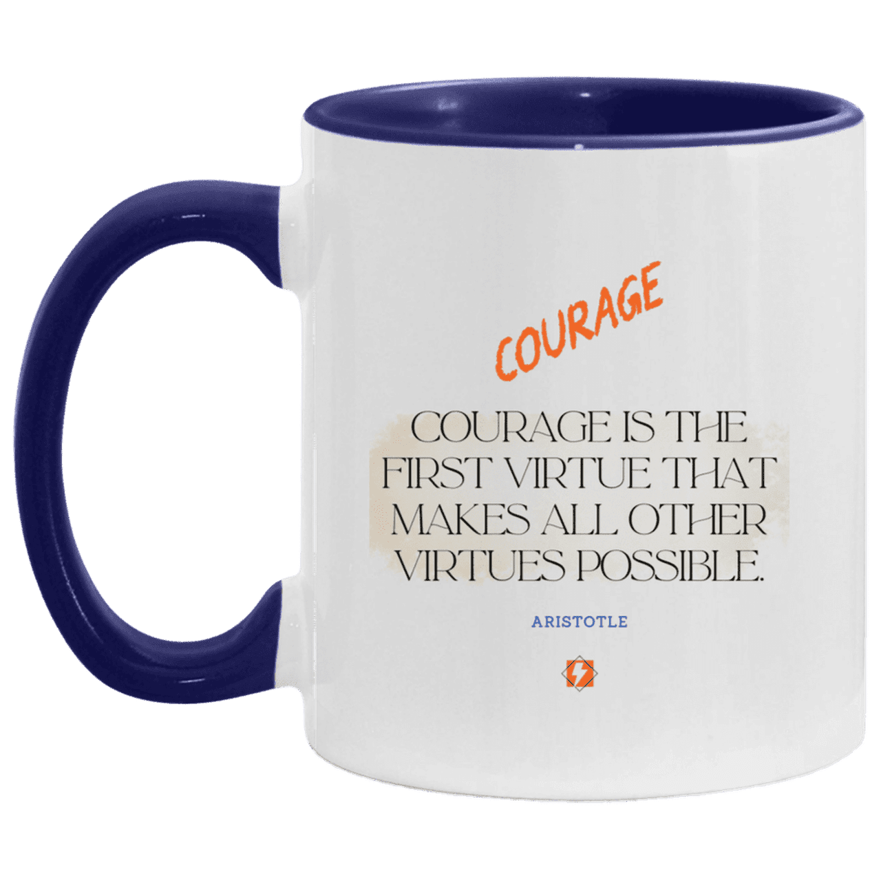 Ceramic Standard Mug 11oz with inspiring Aristotle quote: A108 - Courage is the highest virtue - Color: White/Midnight Blue