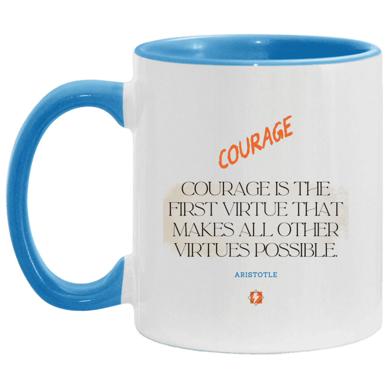 Ceramic Standard Mug 11oz with inspiring Aristotle quote: A108 - Courage is the highest virtue - Color: White/Light Blue