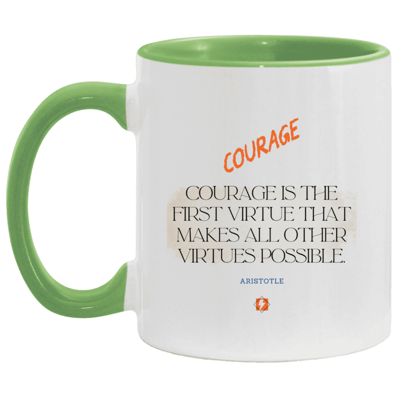 Ceramic Standard Mug 11oz with inspiring Aristotle quote: A108 - Courage is the highest virtue - Color: White/Light Green