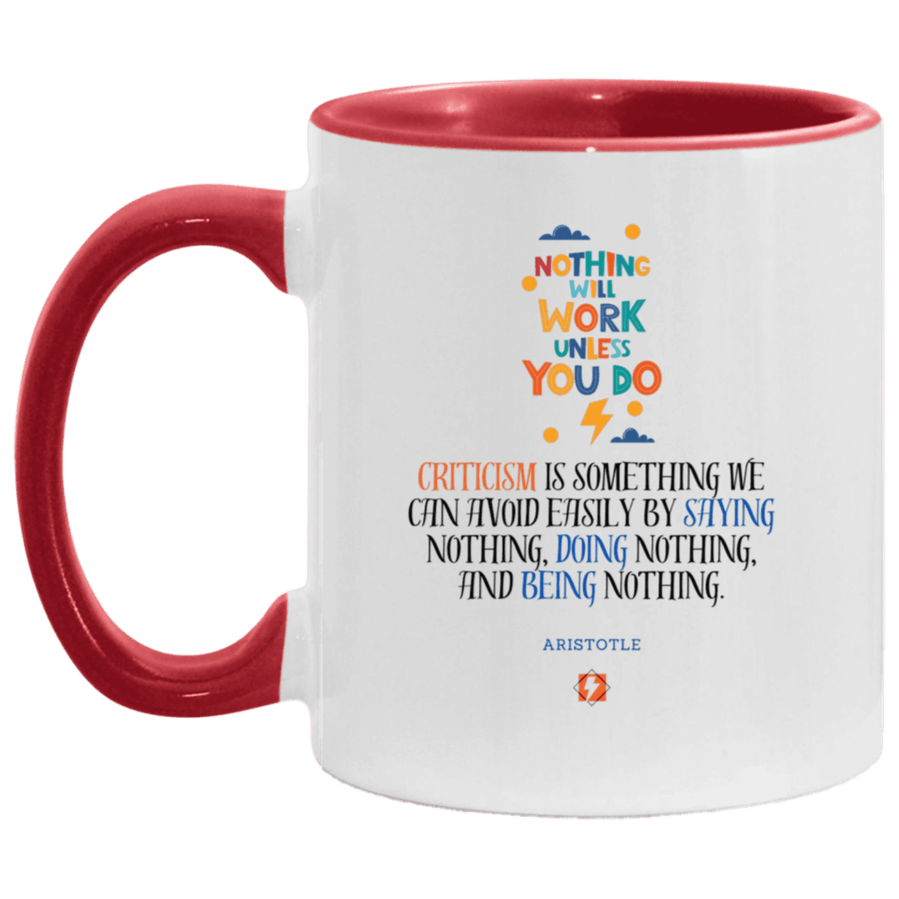 Ceramic Standard Mug 11oz with inspiring Aristotle quote: A109 - Only action-takers get criticised - Color: White/Red