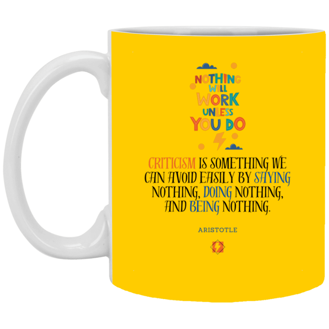 Ceramic Standard Mug 11oz with inspiring Aristotle quote: A109 - Only action-takers get criticised - Color: Athletic Gold