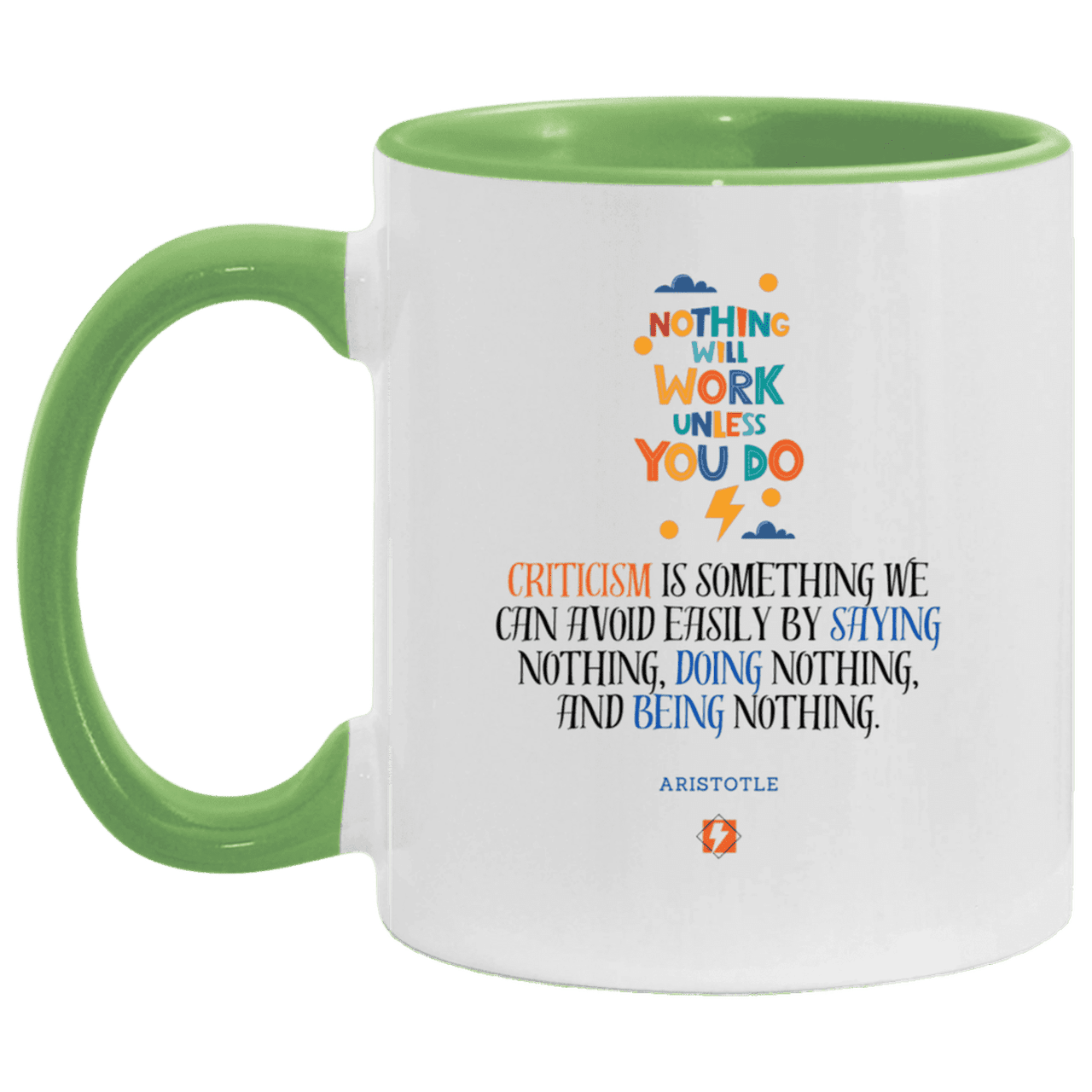 Ceramic Standard Mug 11oz with inspiring Aristotle quote: A109 - Only action-takers get criticised - Color: White/Light Green